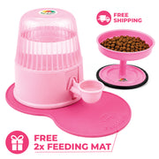 KIT Vida Mansa Polypropylene Water Dispenser 67.6 Oz / 2000 ml - for Dogs end Cats (No Wet Fur) Clear Pink + Woof Woof Adjustable Feeder for Dogs (+) 2 Feeding Mat (FREE)